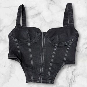 ZARA Black Wash White Stitch Cotton Denim Light Stretch Corset Crop Top